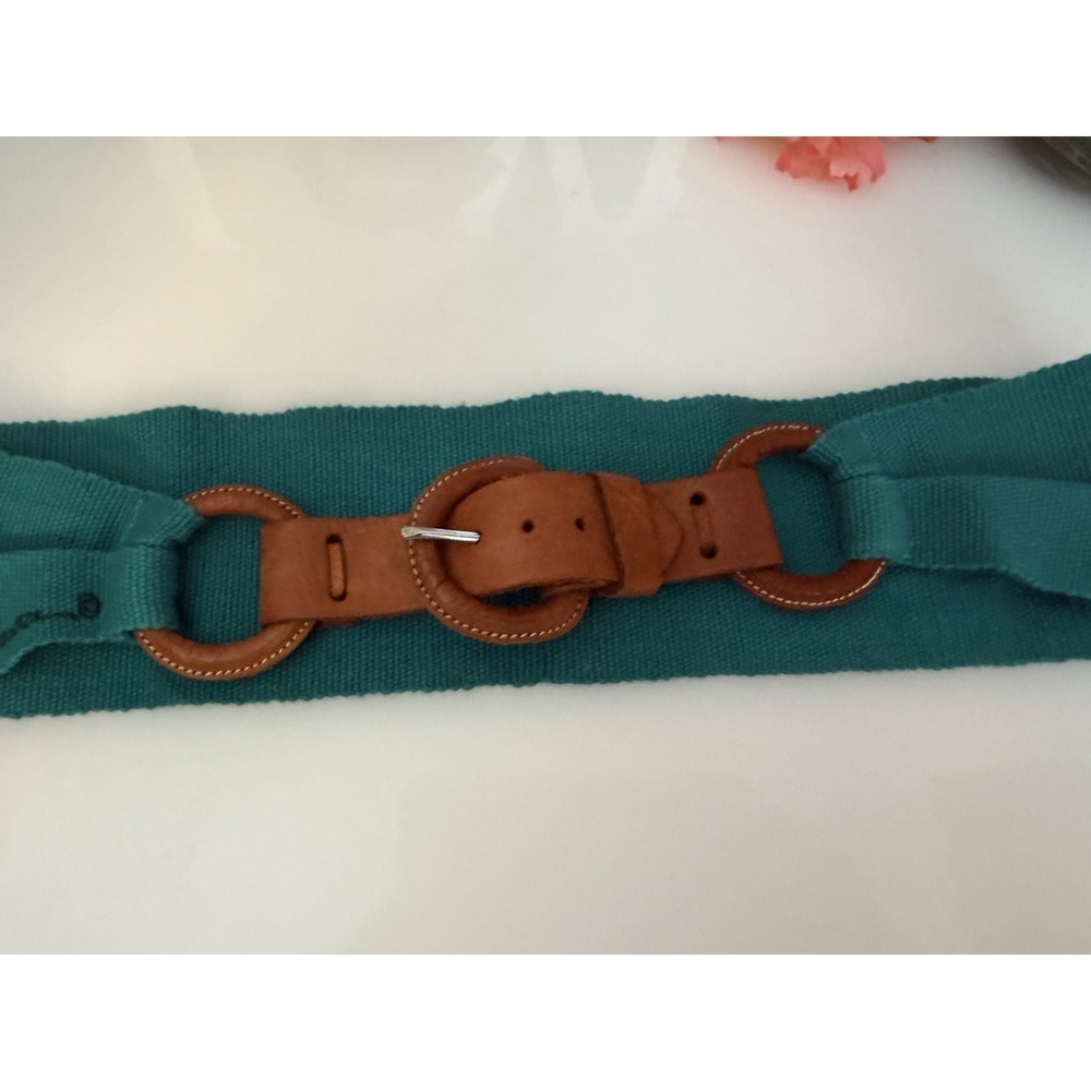 80s Hand Painted 3"‎ Waist Belt Teal Fish Multi Handmade Leather Buckle M/L 30" - Picture 10 of 16